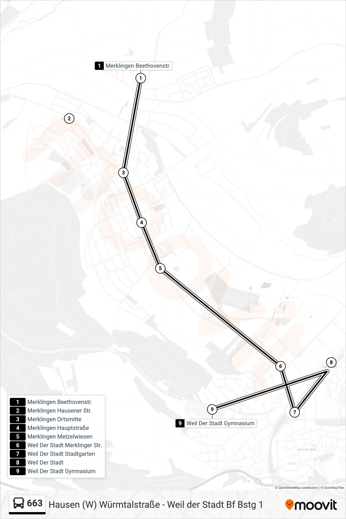 663 tram Line (Weil Der Stadt Gymnasium) route and stops on a map