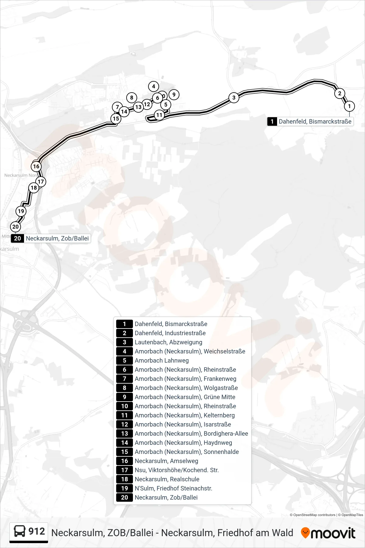 Linie 912 (Tram) Richtung Neckarsulm, Zob/Ballei: Route und Haltestellen auf der Karte