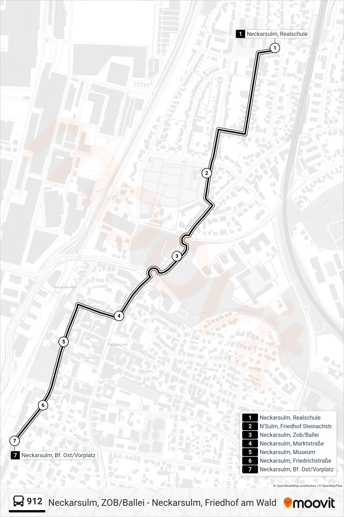 912 tram Line (Neckarsulm, Bf. Ost/Vorplatz) route and stops on a map