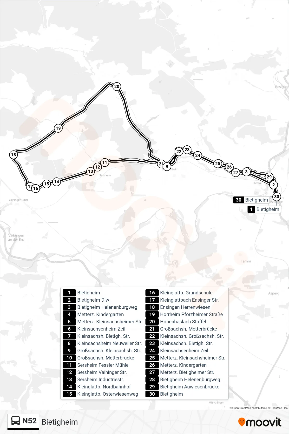 Linie N52 (Tram) Richtung Bietigheim: Route und Haltestellen auf der Karte