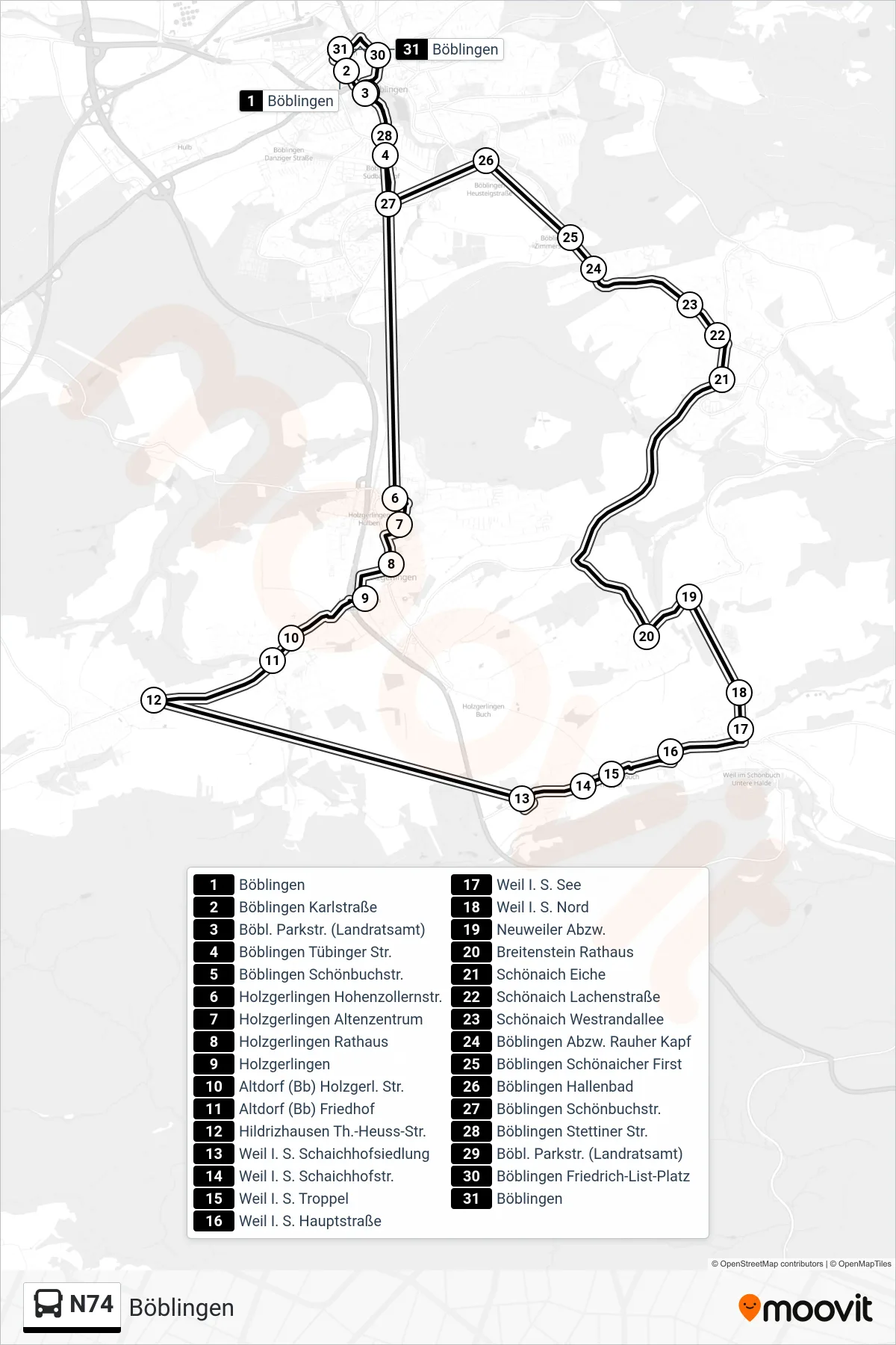 Linie N74 (Tram) Richtung Böblingen: Route und Haltestellen auf der Karte