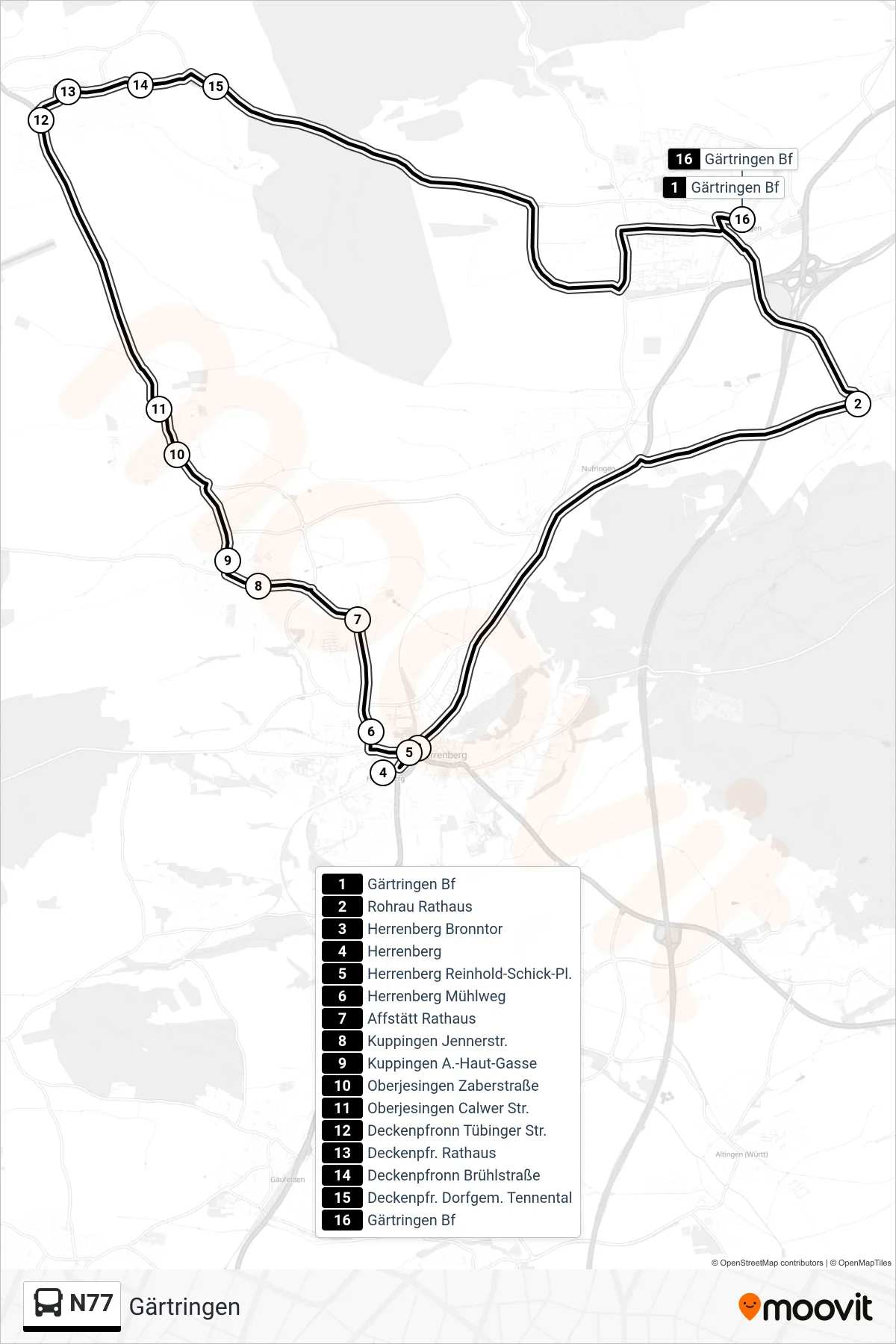 Linie N77 (Tram) Richtung Gärtringen: Route und Haltestellen auf der Karte