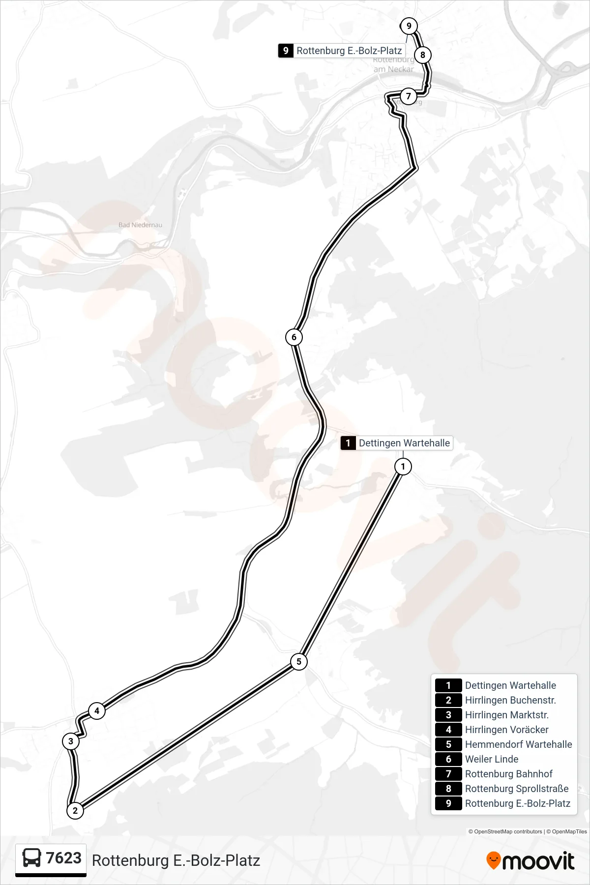 7623 bus Line (Rottenburg E.-Bolz-Platz) route and stops on a map