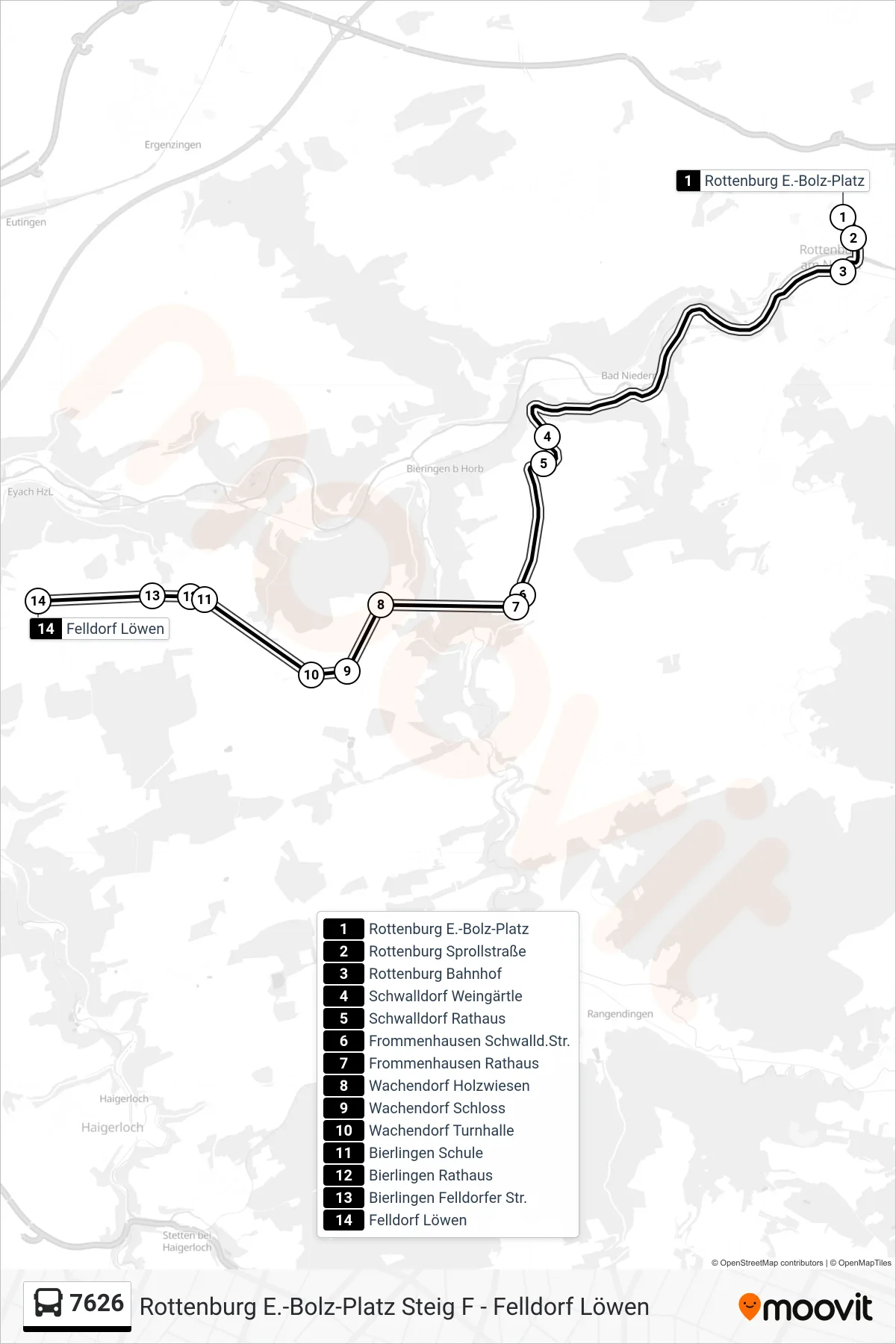 7626 bus Line (Felldorf Löwen) route and stops on a map