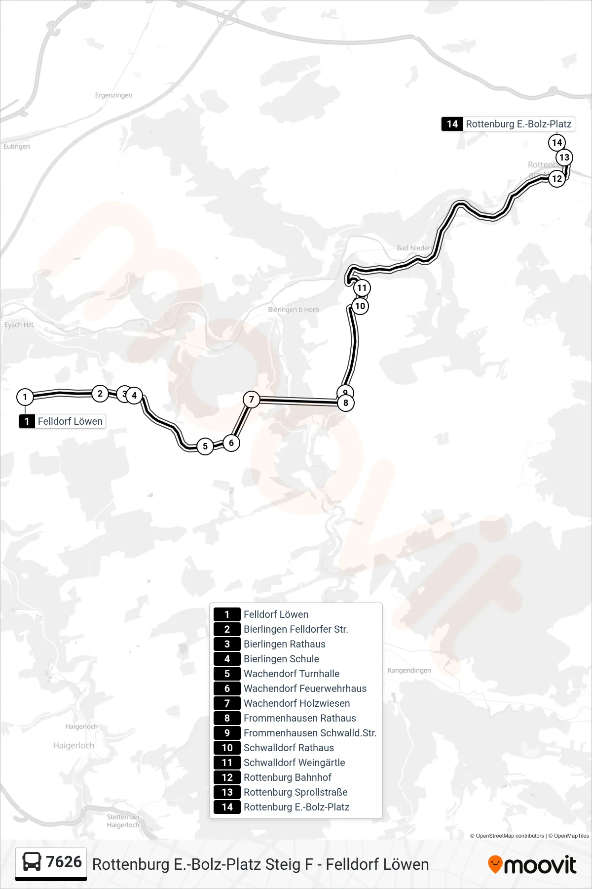 Linie 7626 (Bus) Richtung Rottenburg E.-Bolz-Platz: Route und Haltestellen auf der Karte
