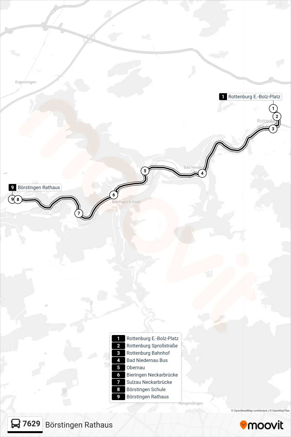 7629 bus Line (Börstingen Rathaus) route and stops on a map