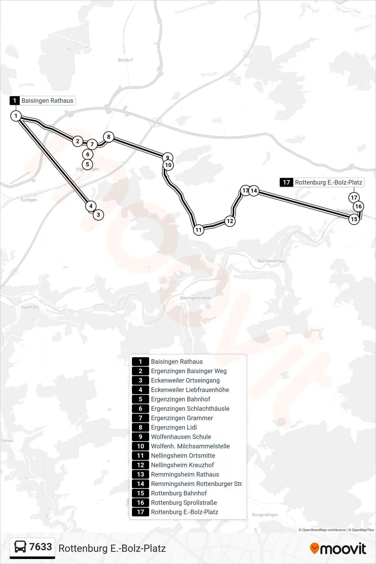 7633 bus Line (Rottenburg E.-Bolz-Platz) route and stops on a map
