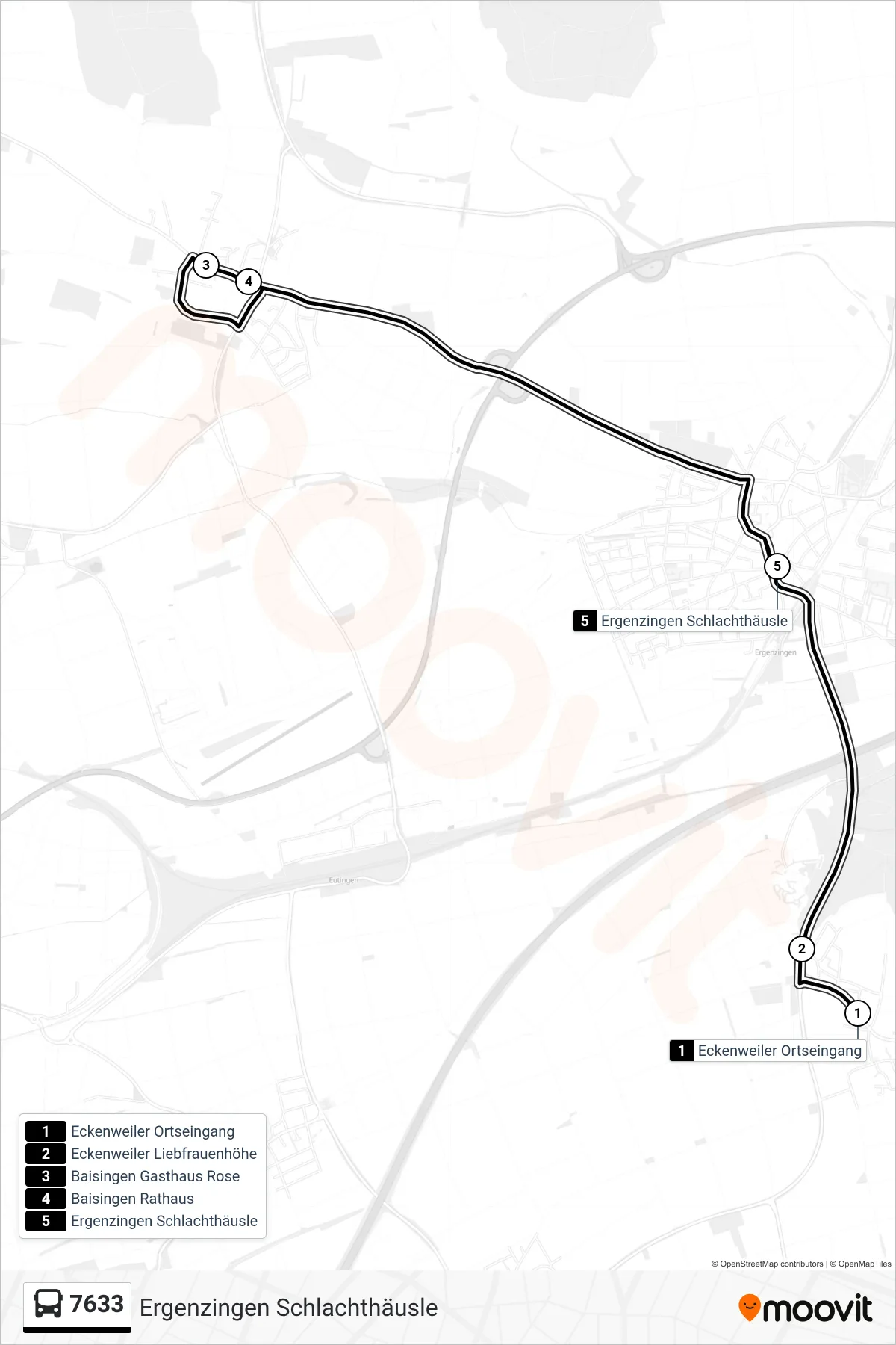 Linie 7633 (Bus) Richtung Ergenzingen Schlachthäusle: Route und Haltestellen auf der Karte