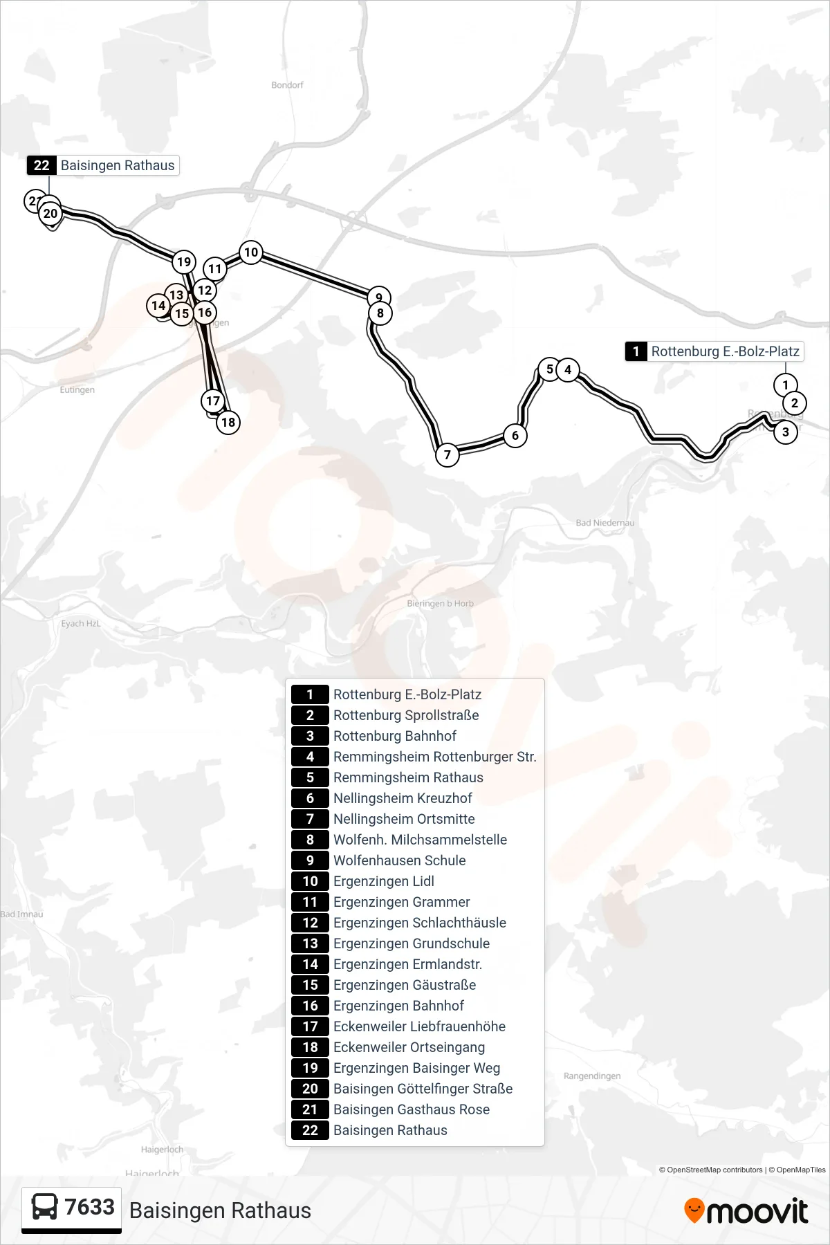 7633 bus Line (Baisingen Rathaus) route and stops on a map