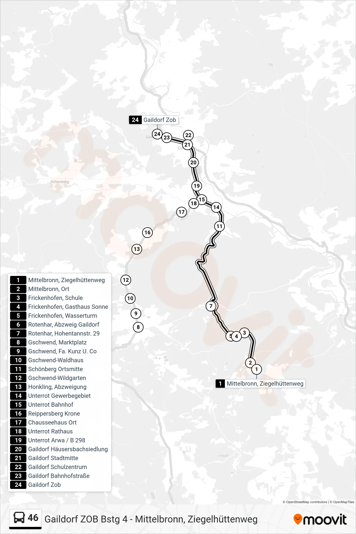 46 bus Line (Gaildorf Zob) route and stops on a map