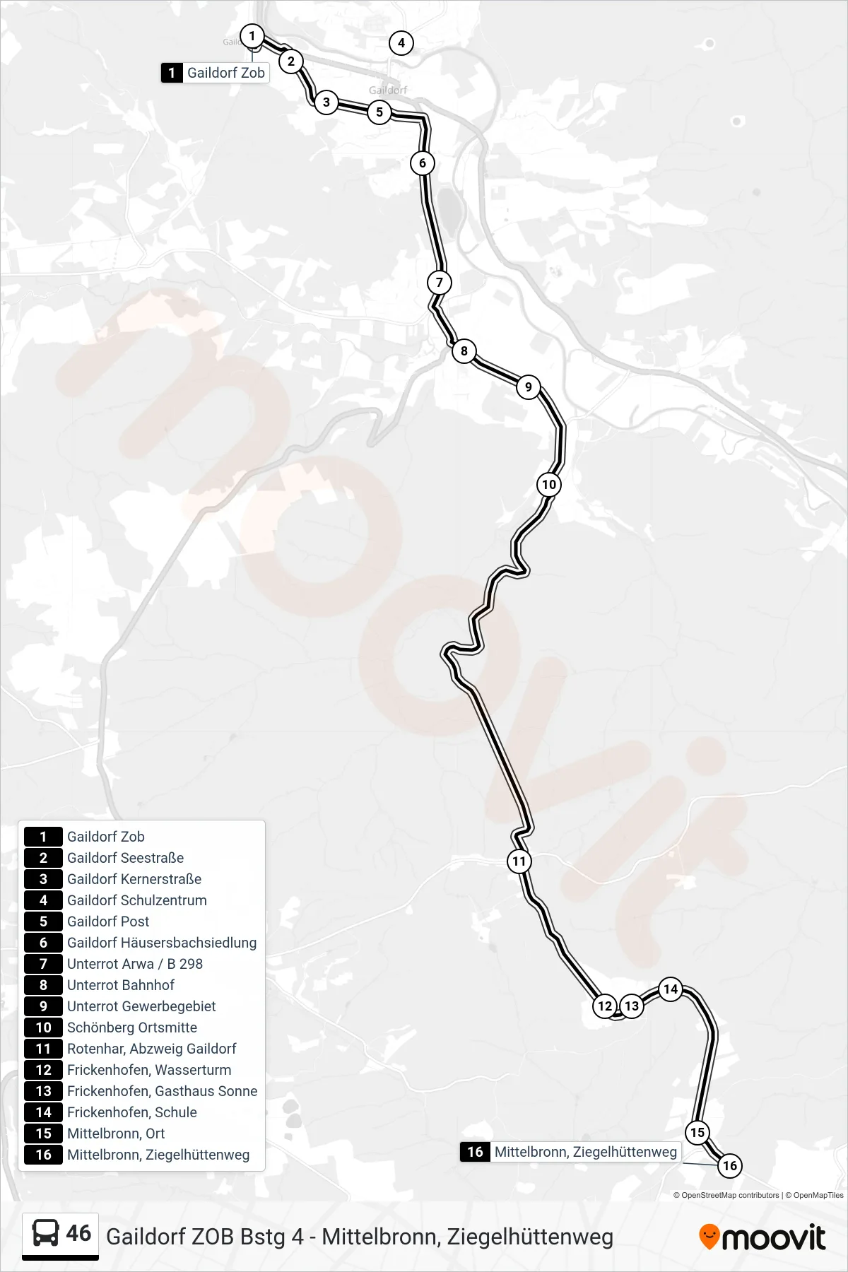 46 bus Line (Mittelbronn, Ziegelhüttenweg) route and stops on a map