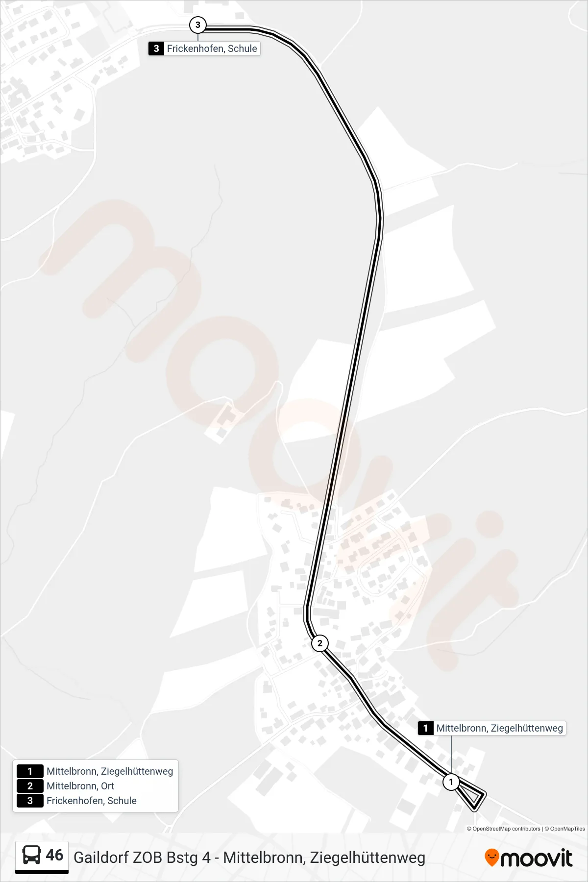 46 bus Line (Frickenhofen, Schule) route and stops on a map