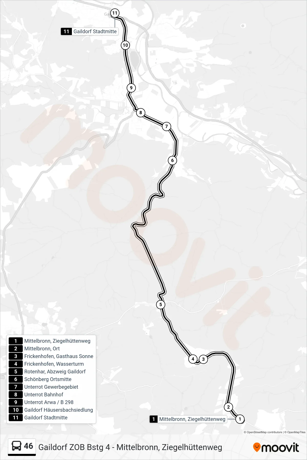 Linie 46 (Bus) Richtung Gaildorf Stadtmitte: Route und Haltestellen auf der Karte