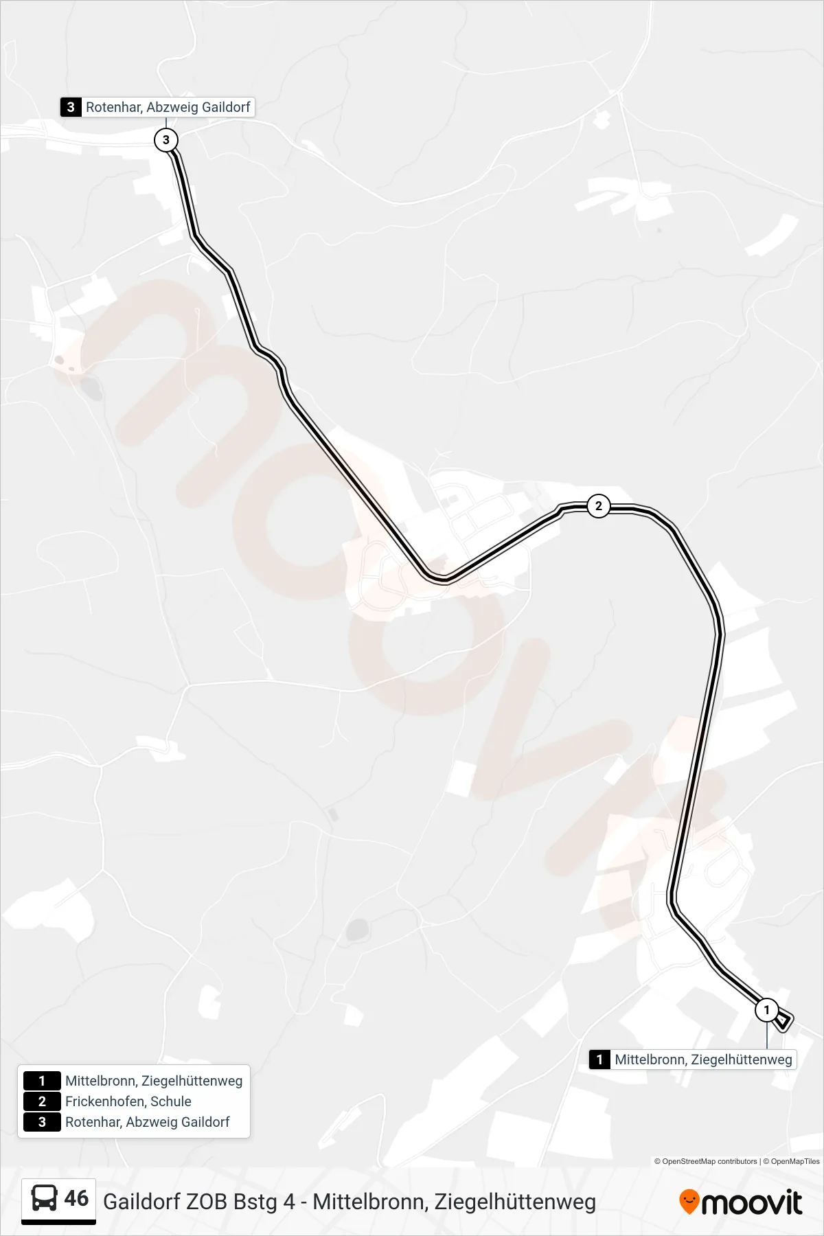 46 bus Line (Rotenhar, Abzweig Gaildorf) route and stops on a map