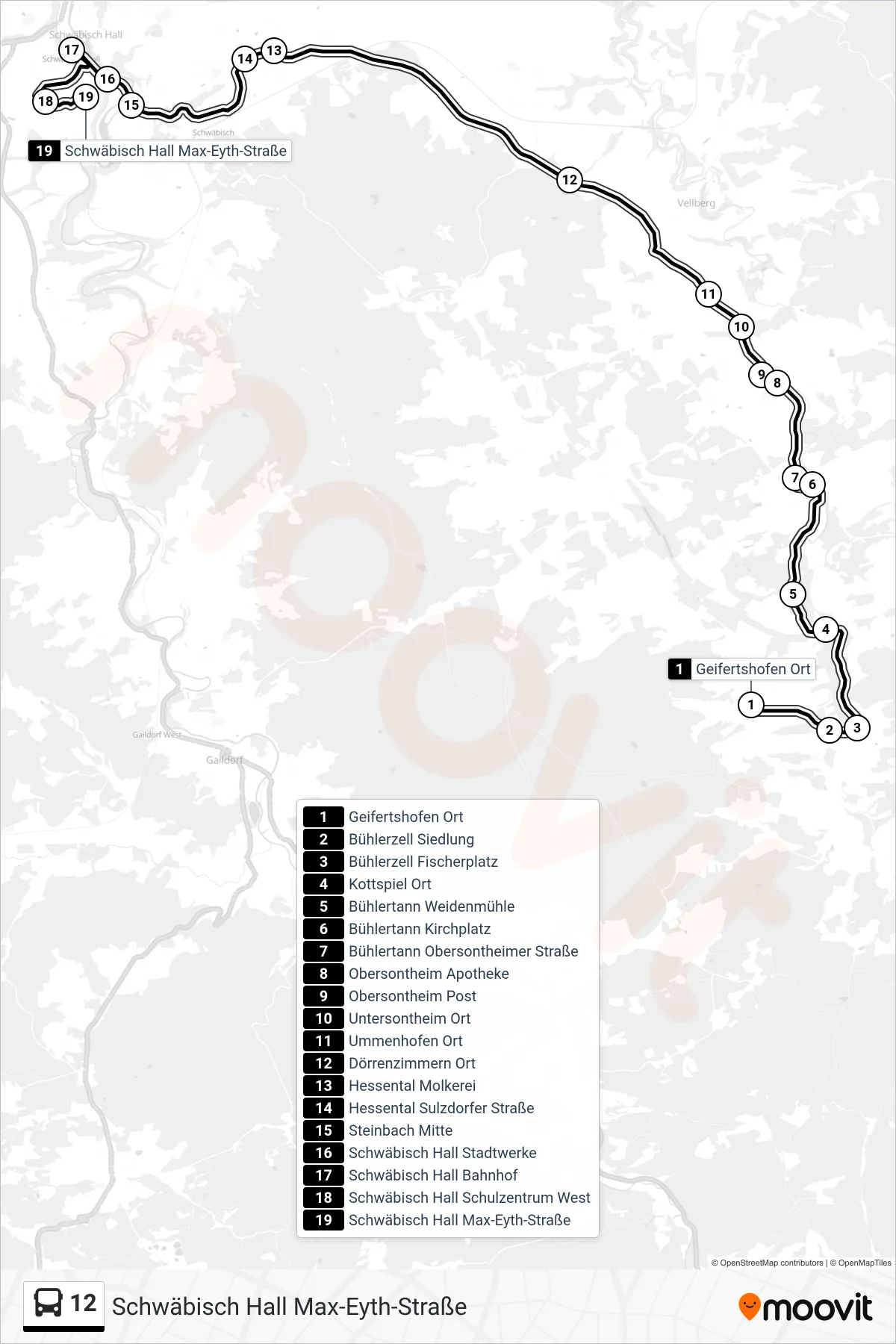 12 bus Line (Schwäbisch Hall Max-Eyth-Straße) route and stops on a map