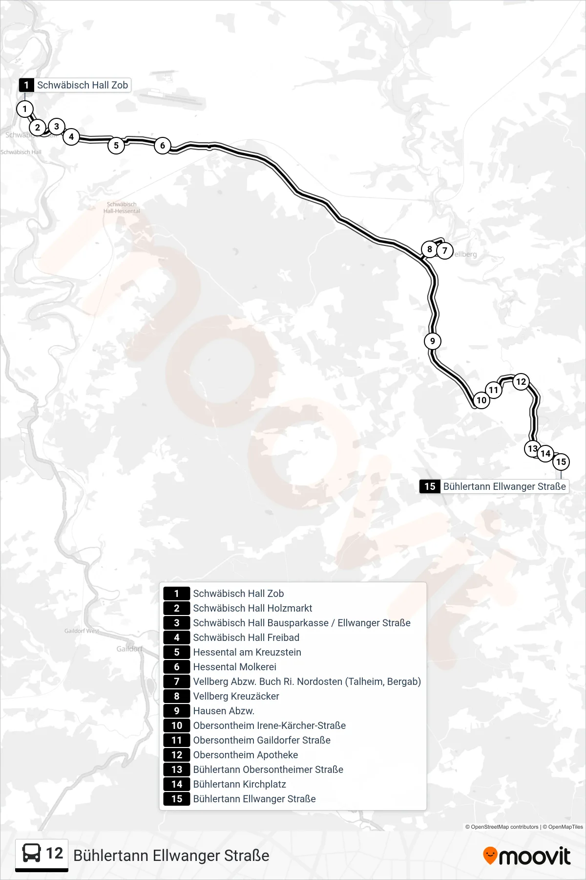 12 bus Line (Bühlertann Ellwanger Straße) route and stops on a map