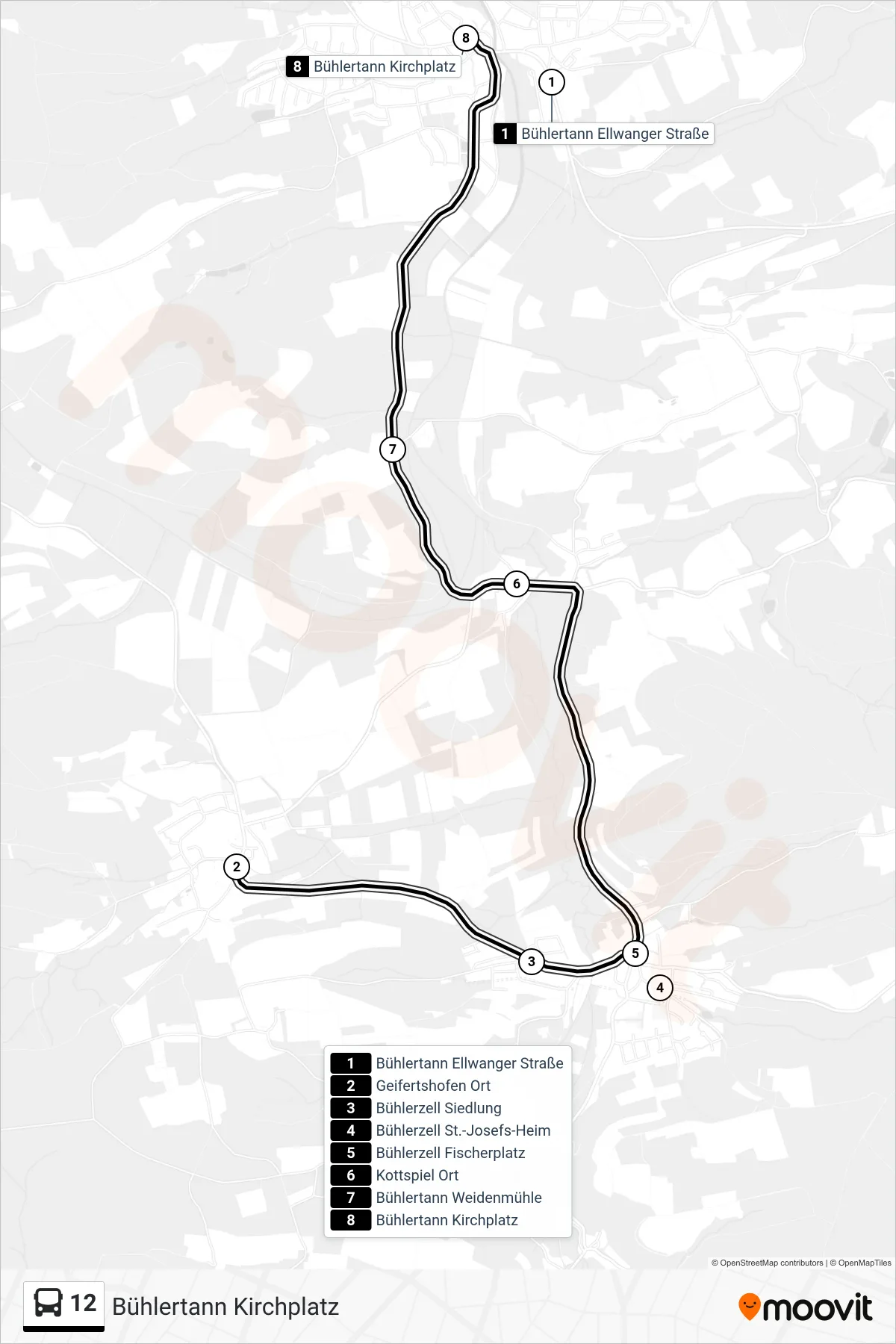 12 bus Line (Bühlertann Kirchplatz) route and stops on a map