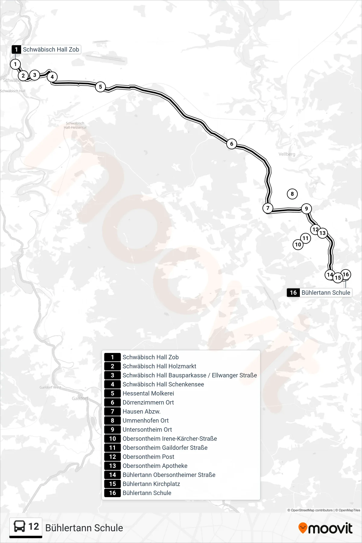 12 bus Line (Bühlertann Schule) route and stops on a map