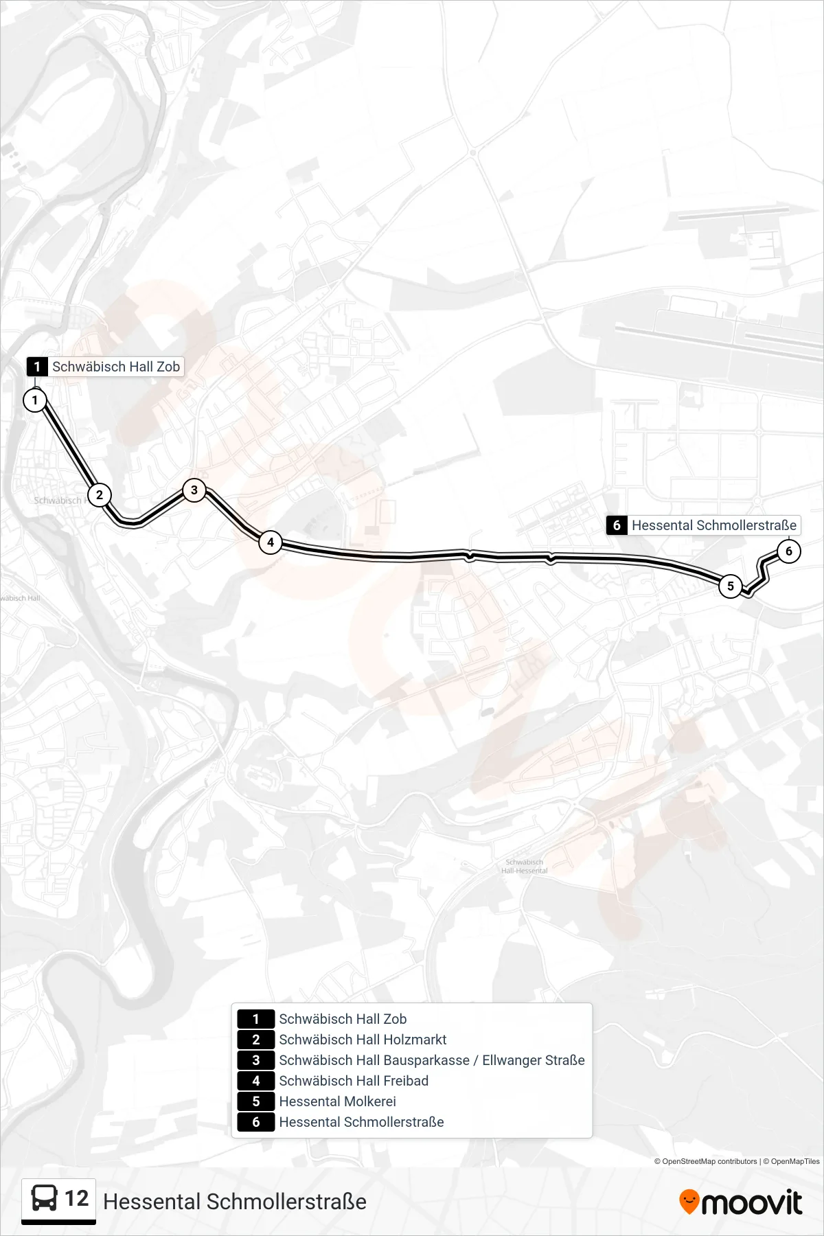 12 bus Line (Hessental Schmollerstraße) route and stops on a map