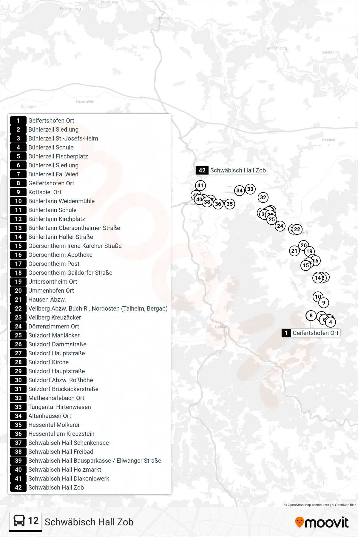 12 bus Line (Schwäbisch Hall Zob) route and stops on a map