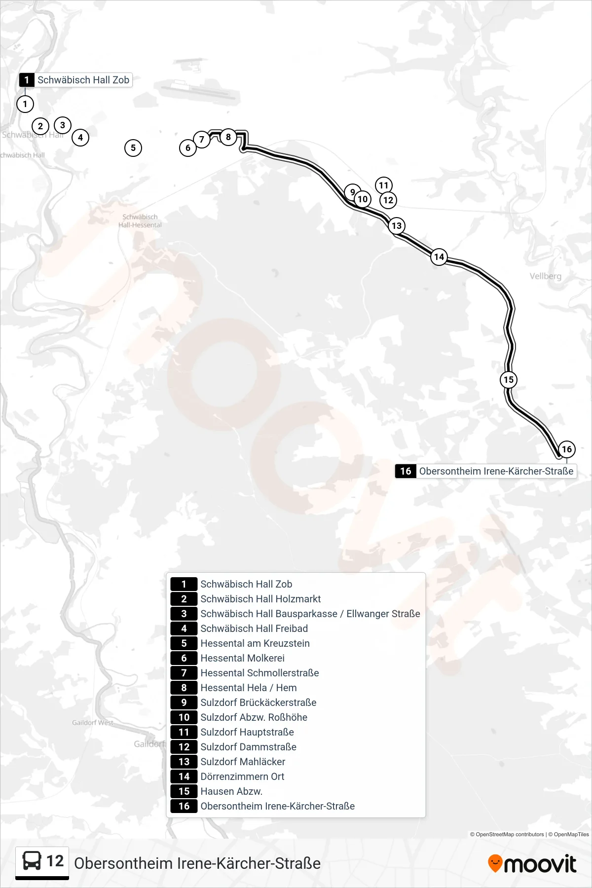 12 bus Line (Obersontheim Irene-Kärcher-Straße) route and stops on a map