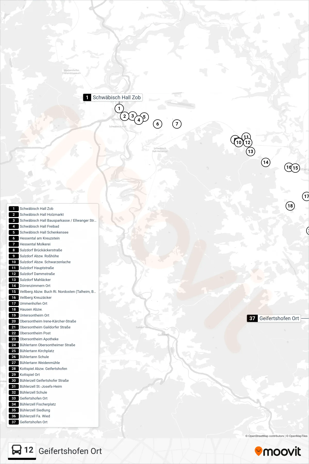 12 bus Line (Geifertshofen Ort) route and stops on a map