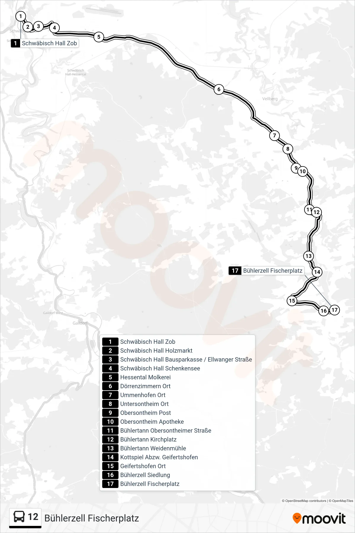12 bus Line (Bühlerzell Fischerplatz) route and stops on a map