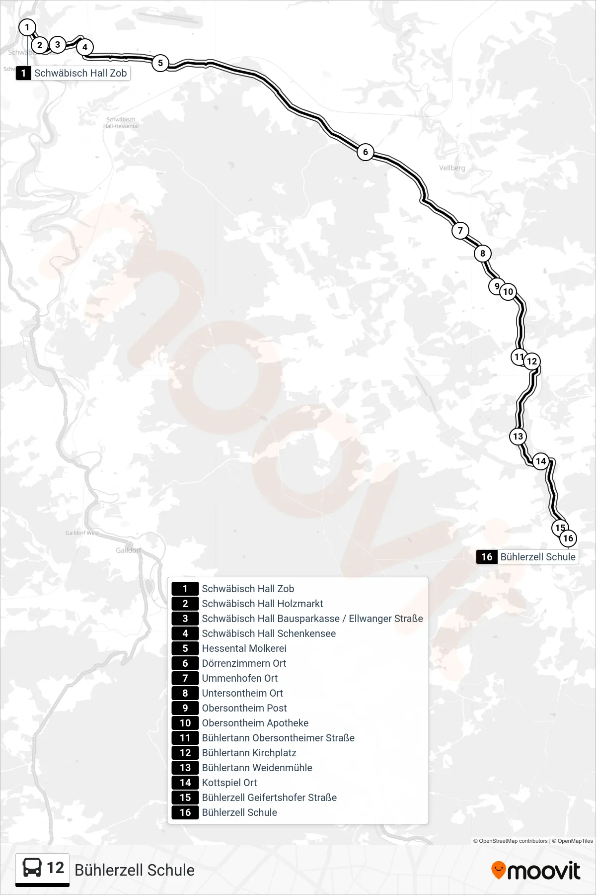 12 bus Line (Bühlerzell Schule) route and stops on a map