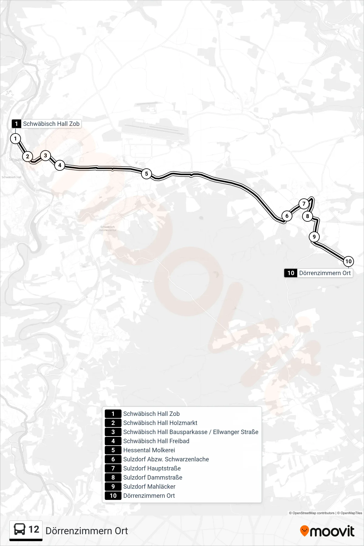 12 bus Line (Dörrenzimmern Ort) route and stops on a map
