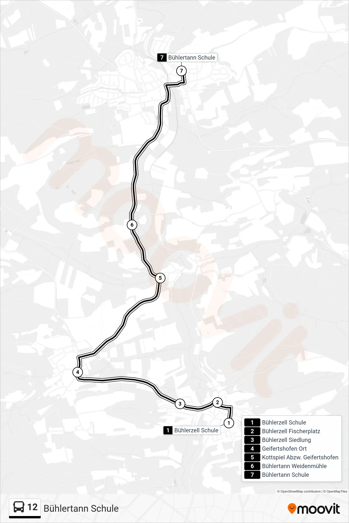 12 bus Line (Bühlertann Schule) route and stops on a map