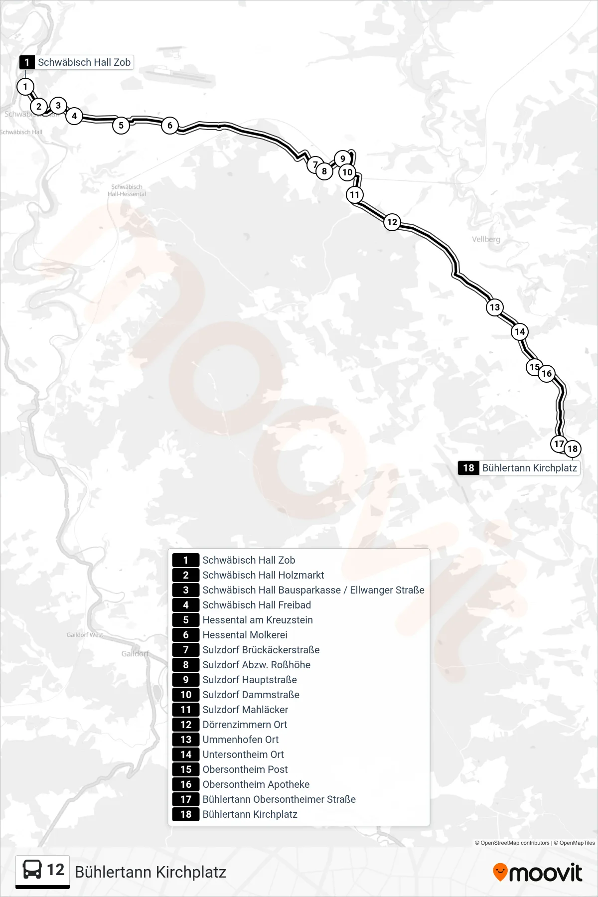Linie 12 (Bus) Richtung Bühlertann Kirchplatz: Route und Haltestellen auf der Karte