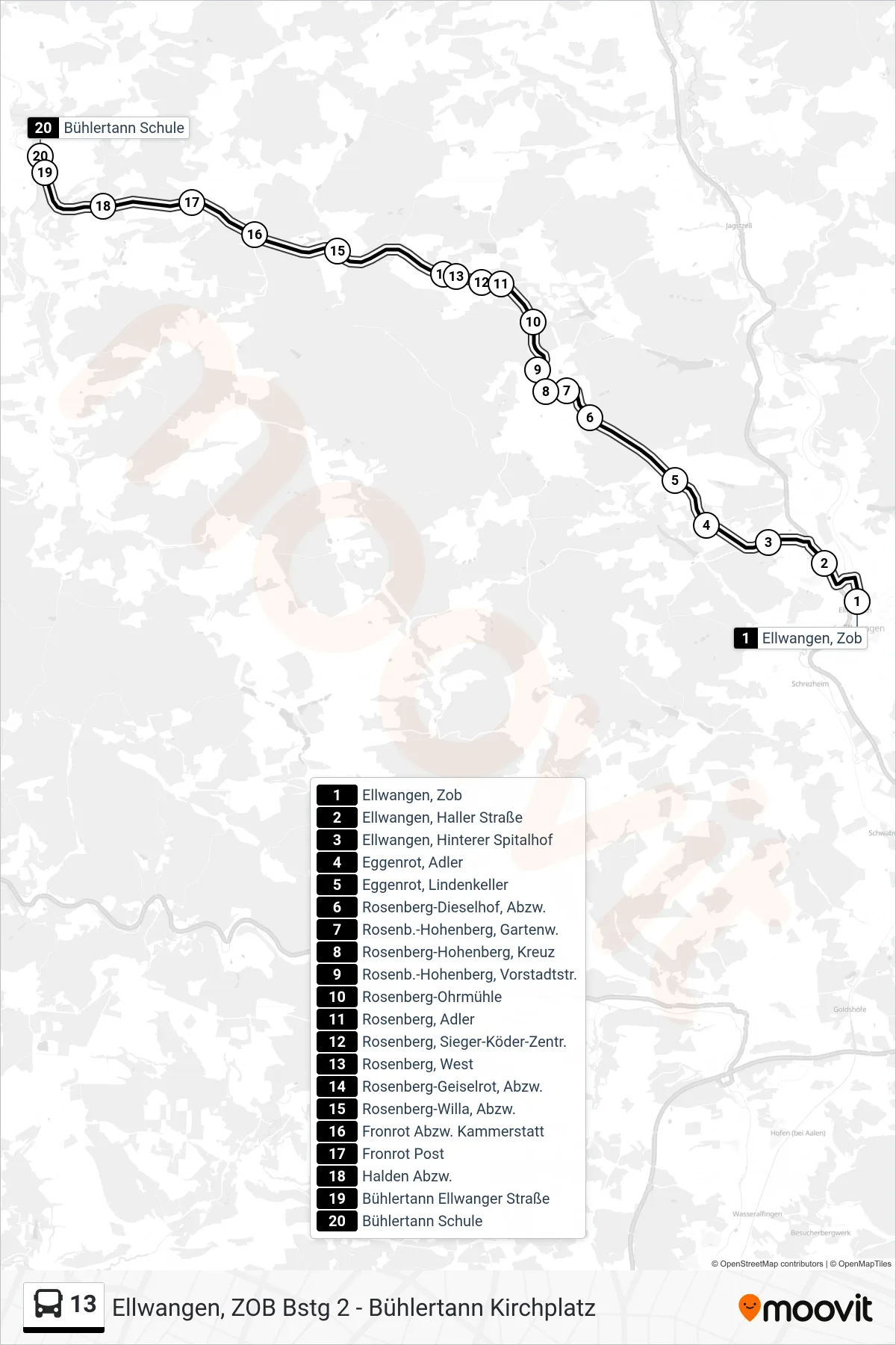 13 bus Line (Bühlertann Schule) route and stops on a map