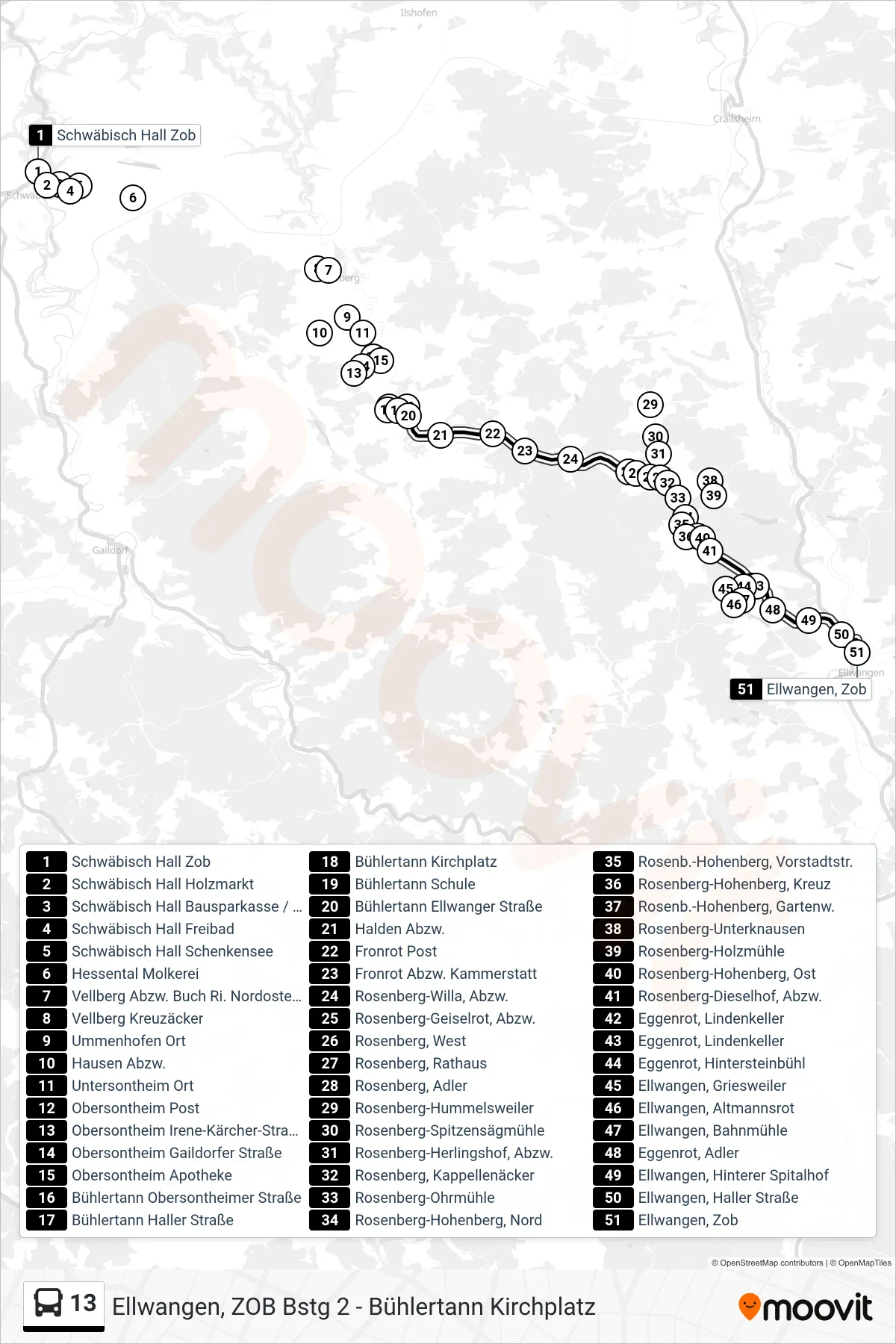13 bus Line (Ellwangen, Zob) route and stops on a map