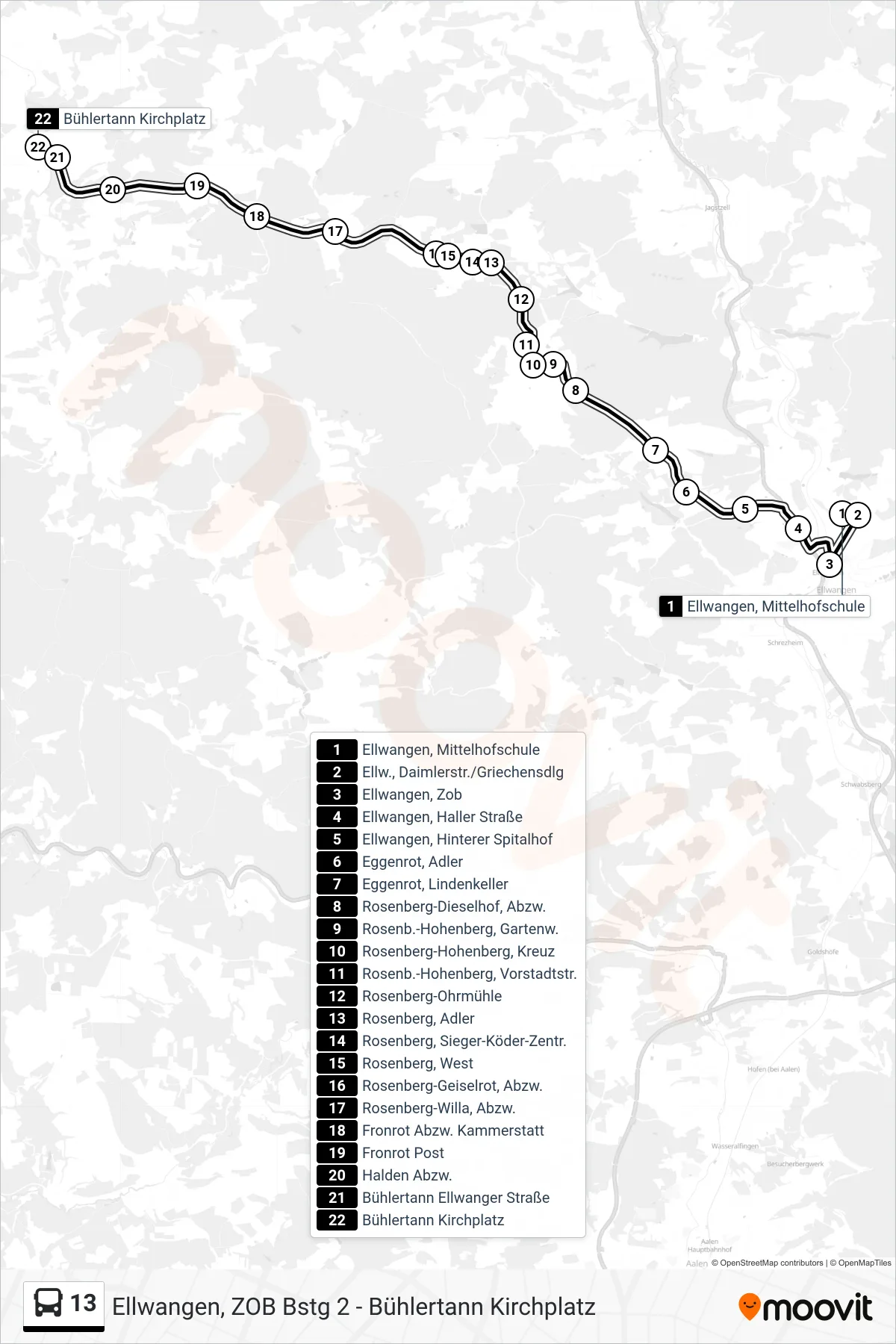 13 bus Line (Bühlertann Kirchplatz) route and stops on a map