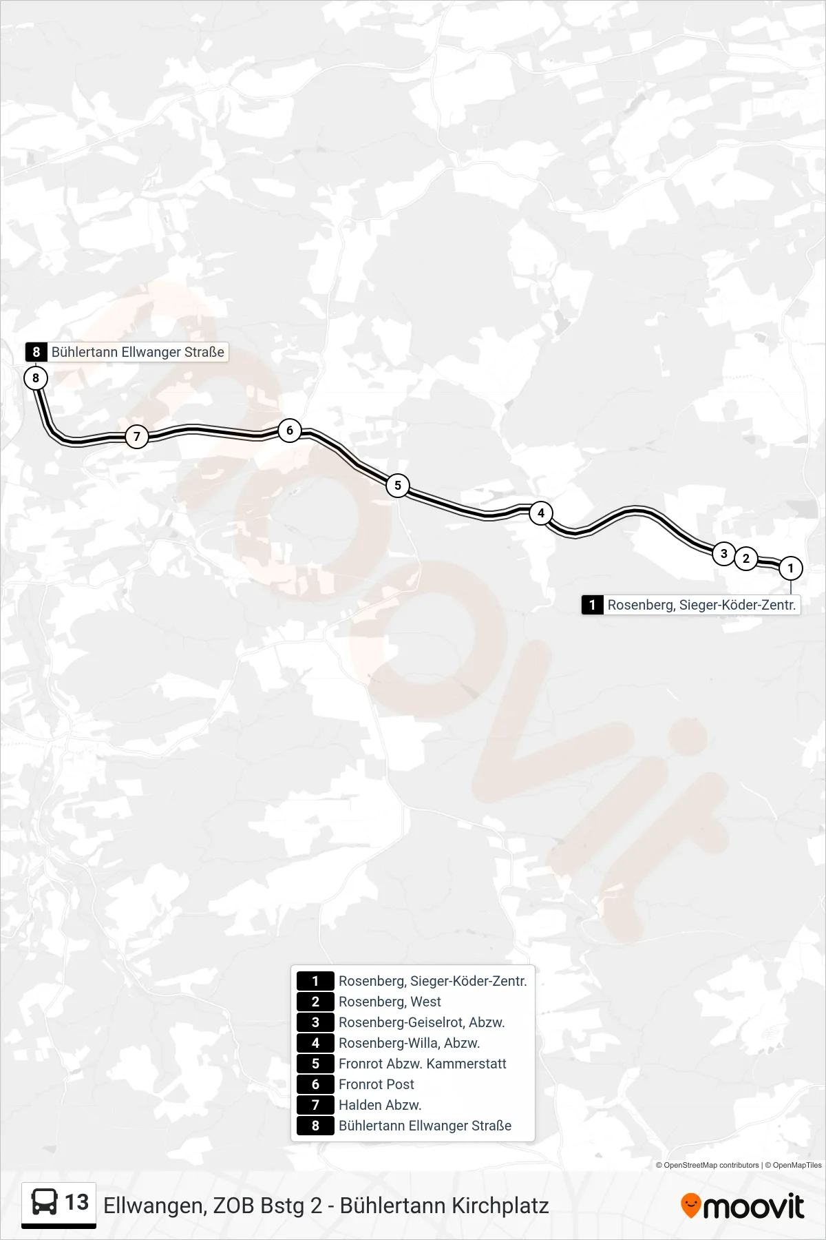 13 bus Line (Bühlertann Ellwanger Straße) route and stops on a map