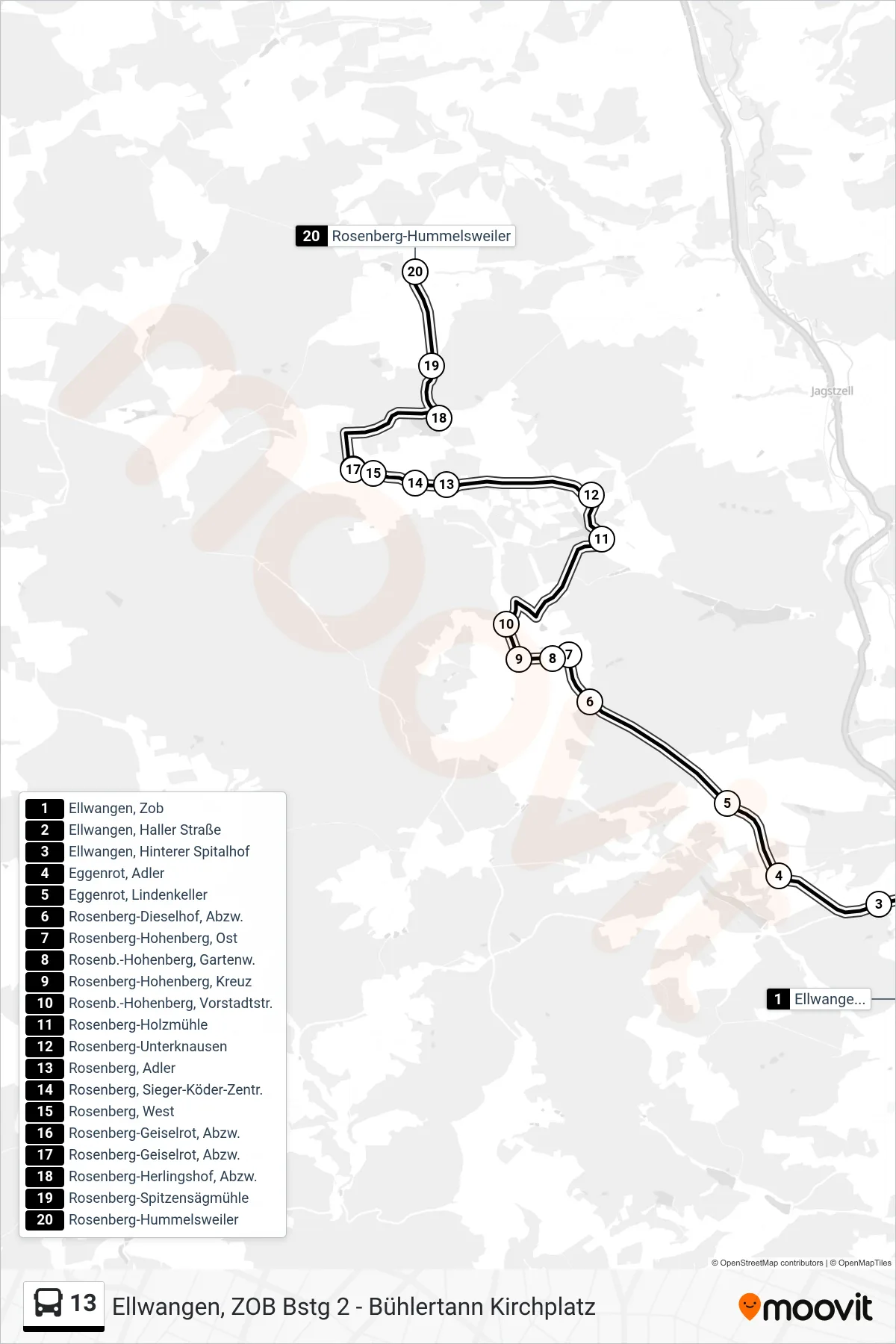 13 bus Line (Rosenberg-Hummelsweiler) route and stops on a map
