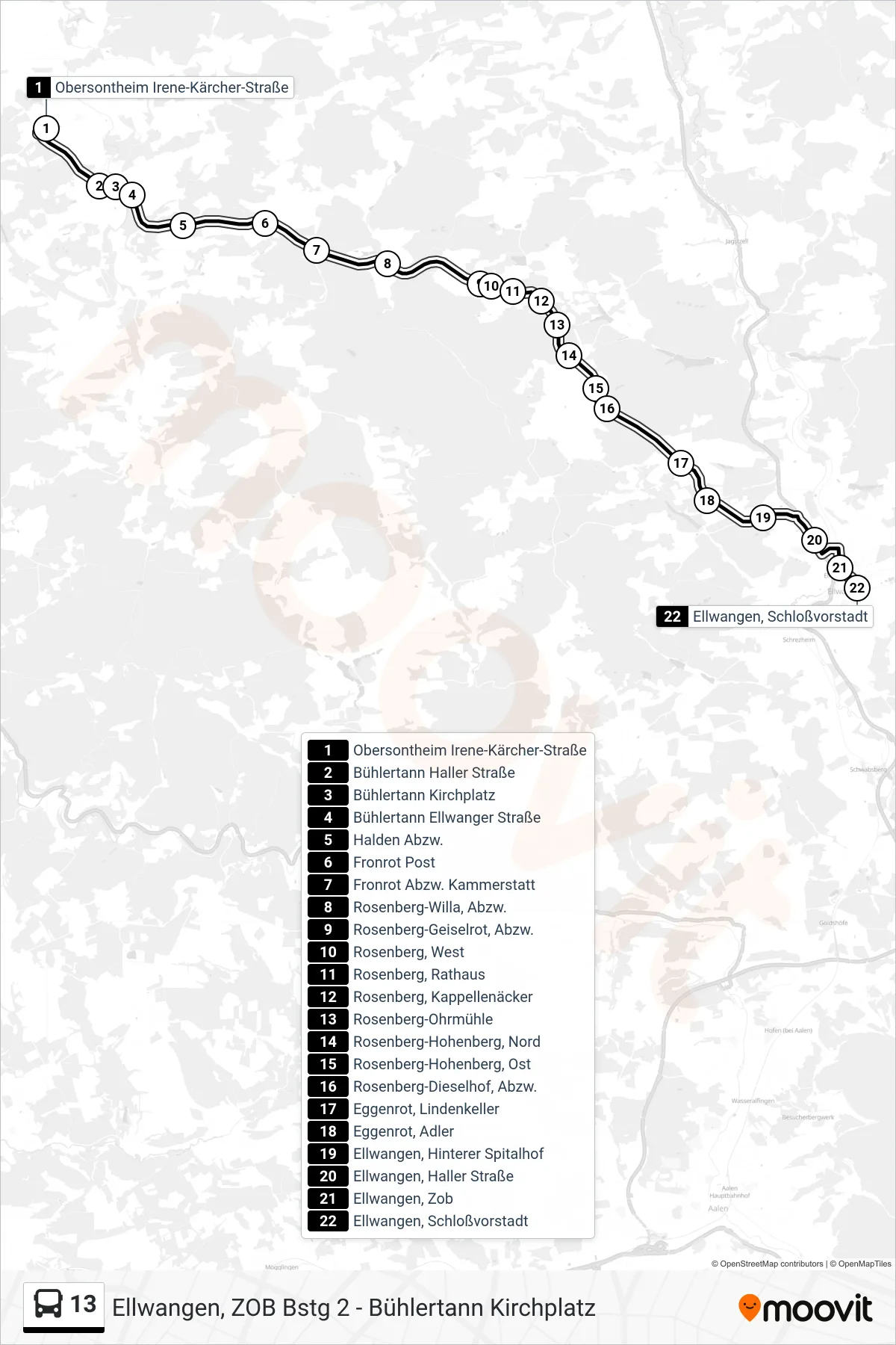 13 bus Line (Ellwangen, Schloßvorstadt) route and stops on a map