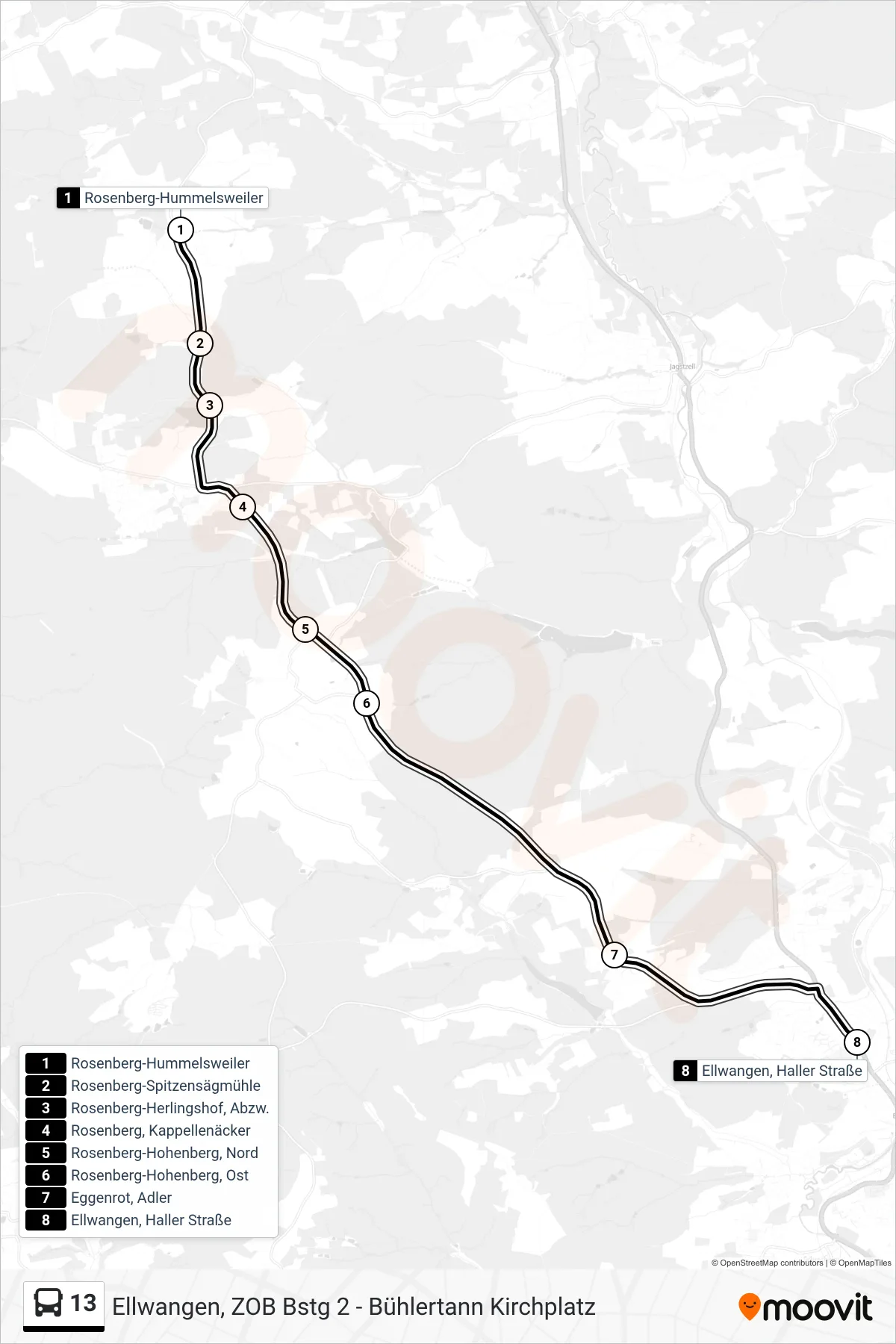 13 bus Line (Ellwangen, Haller Straße) route and stops on a map