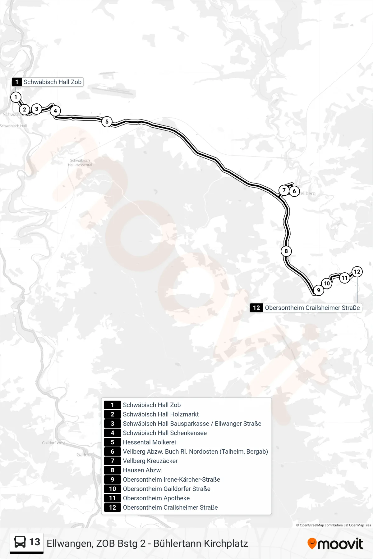13 bus Line (Obersontheim Crailsheimer Straße) route and stops on a map