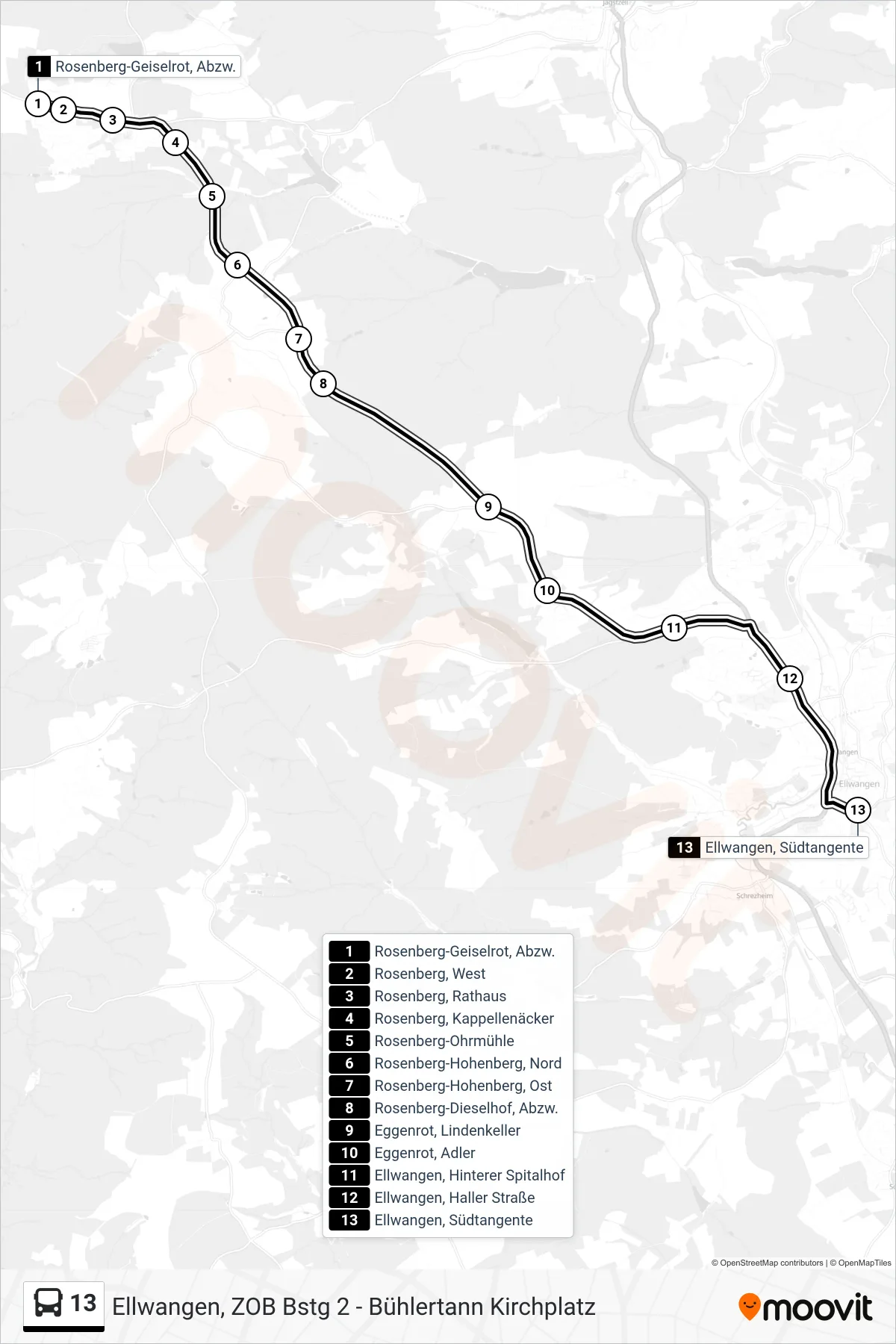 13 bus Line (Ellwangen, Südtangente) route and stops on a map
