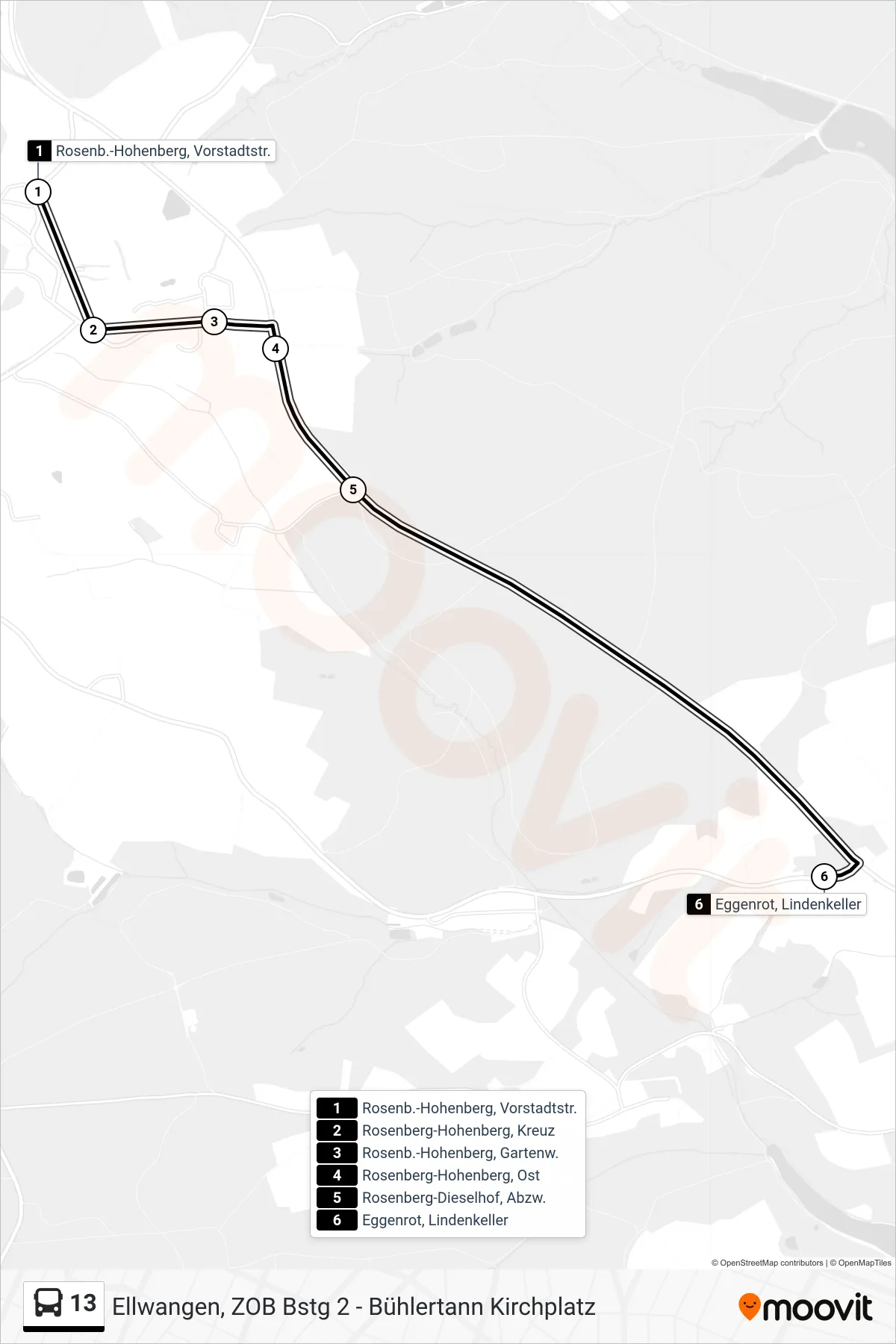 13 bus Line (Eggenrot, Lindenkeller) route and stops on a map