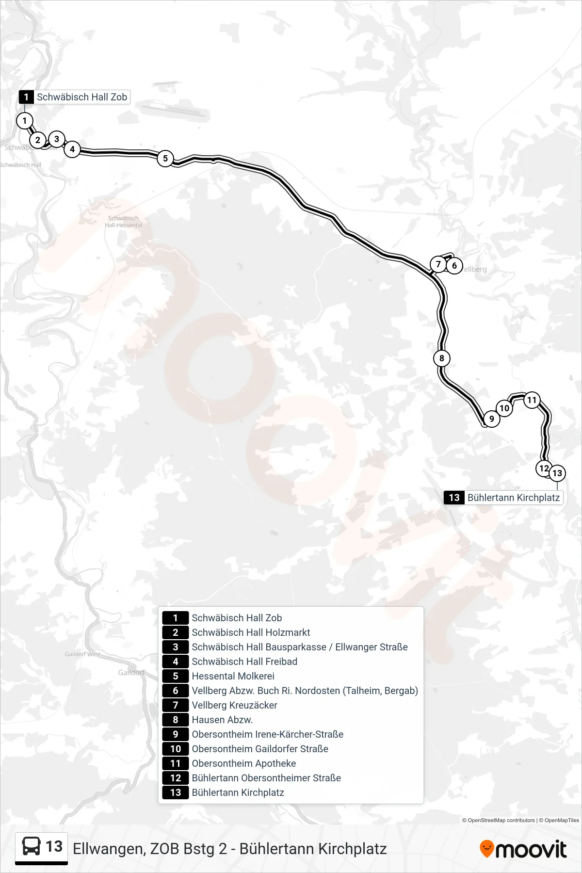 Linie 13 (Bus) Richtung Bühlertann Kirchplatz: Route und Haltestellen auf der Karte