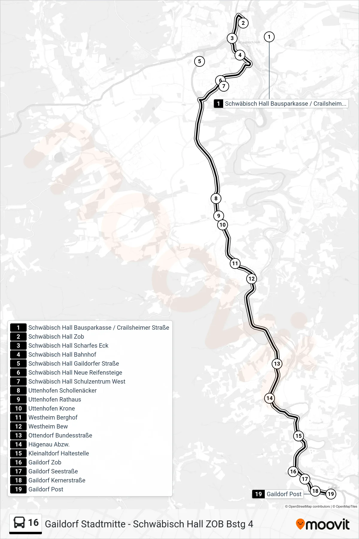 16 bus Line (Gaildorf Post) route and stops on a map