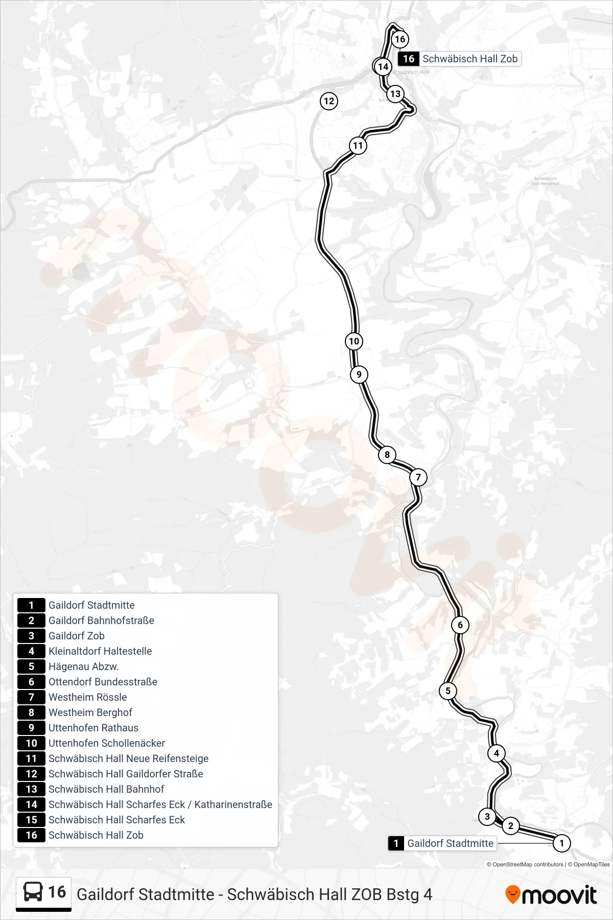16 bus Line (Schwäbisch Hall Zob) route and stops on a map