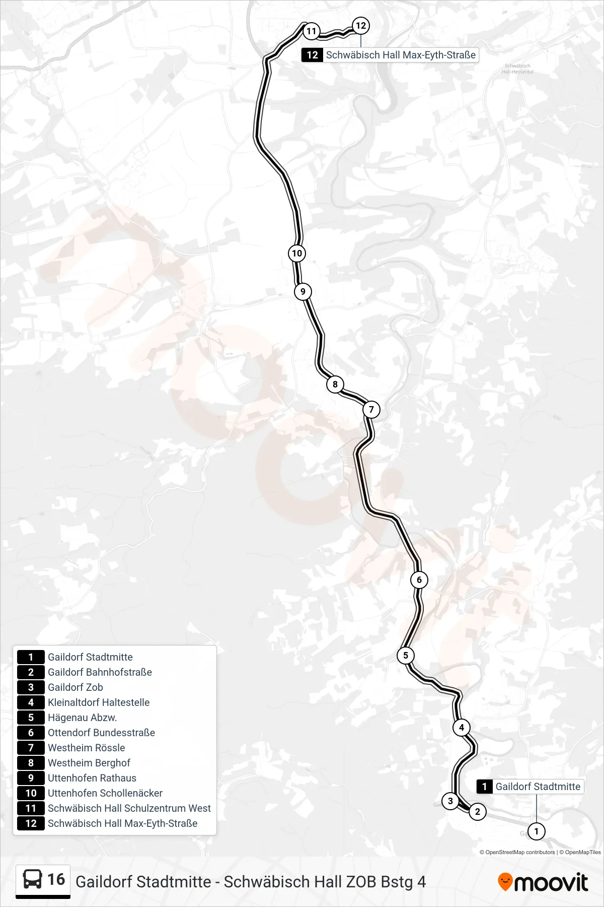 16 bus Line (Schwäbisch Hall Max-Eyth-Straße) route and stops on a map