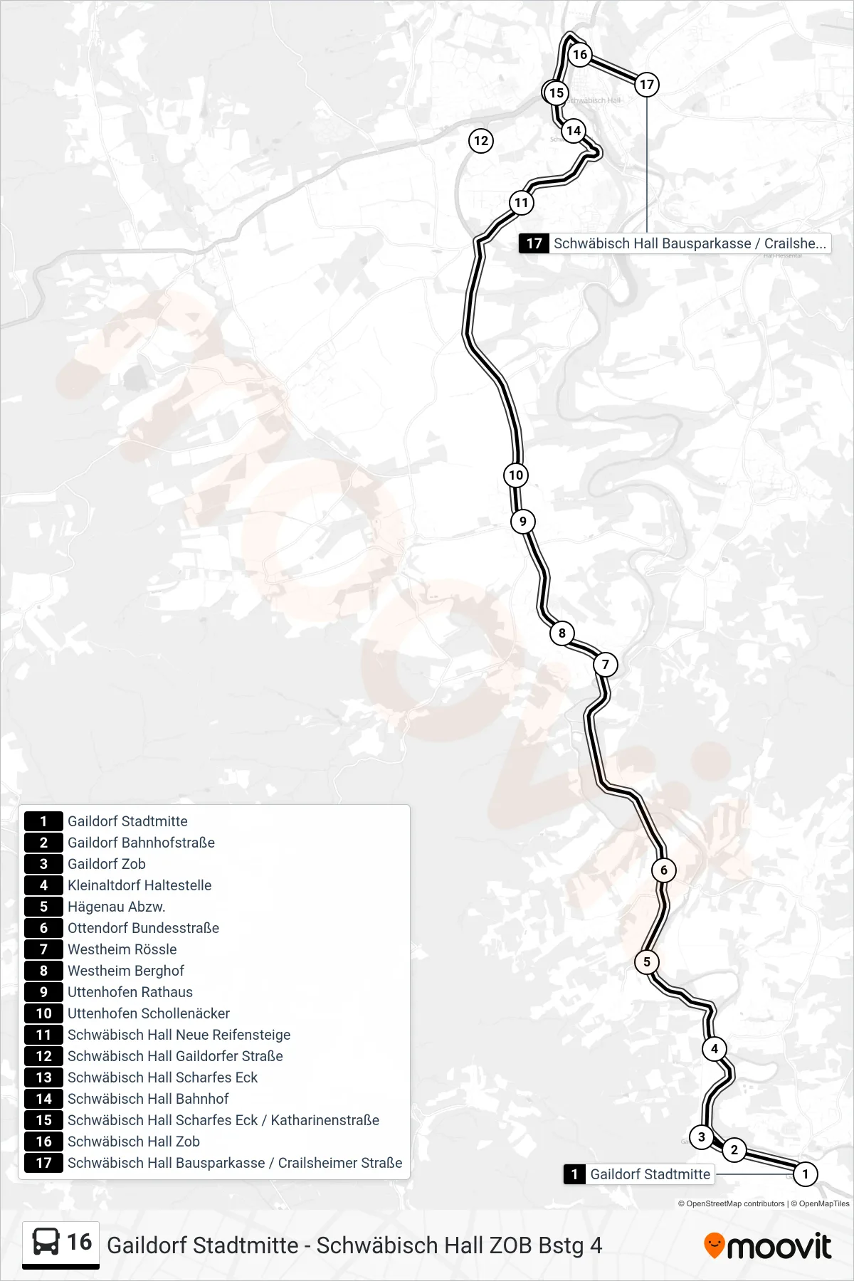 Linie 16 (Bus) Richtung Schwäbisch Hall Bausparkasse / Crailsheimer Straße: Route und Haltestellen auf der Karte