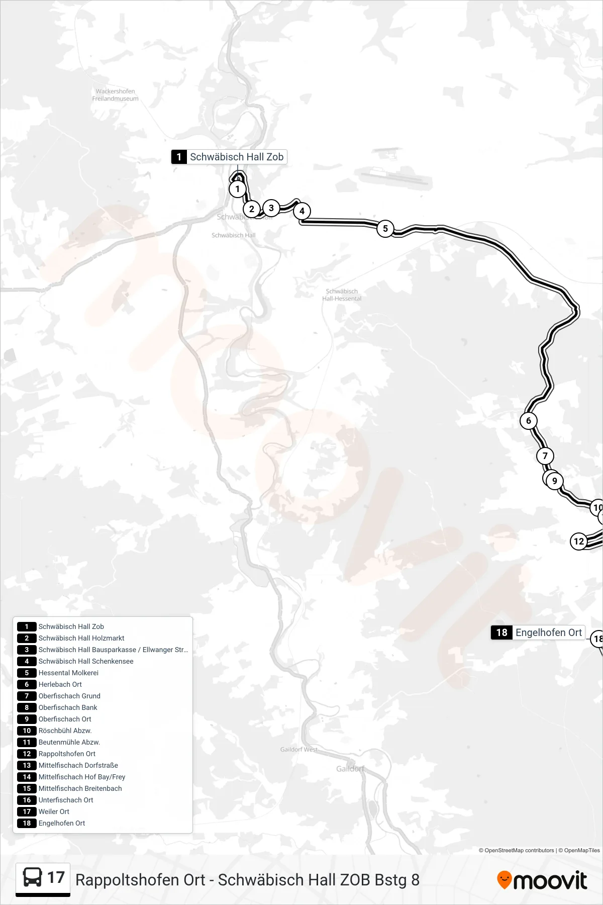 17 bus Line (Engelhofen Ort) route and stops on a map
