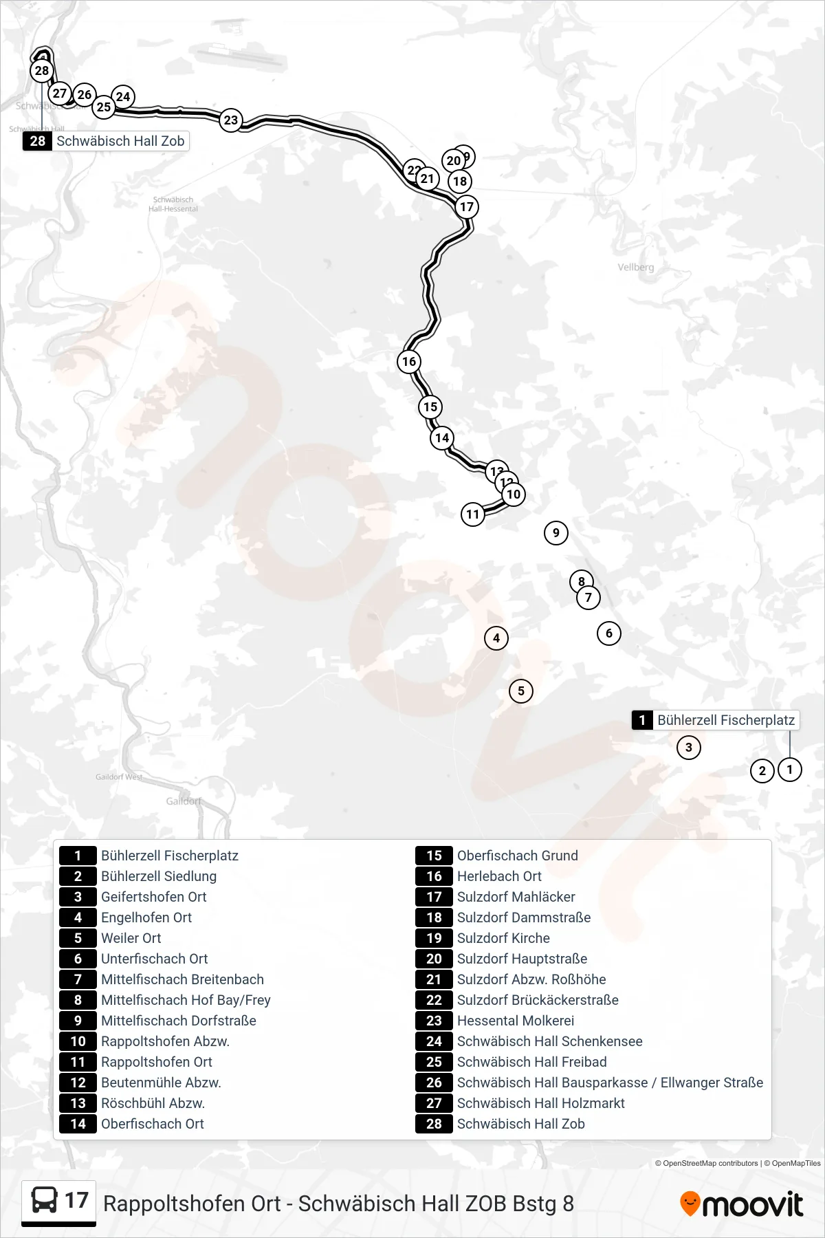 17 bus Line (Schwäbisch Hall Zob) route and stops on a map