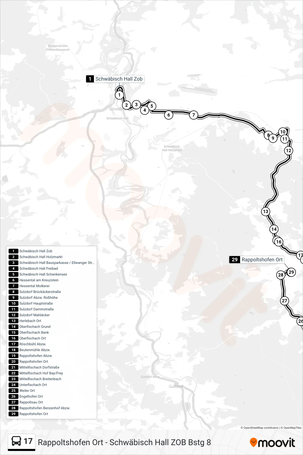 17 bus Line (Rappoltshofen Ort) route and stops on a map