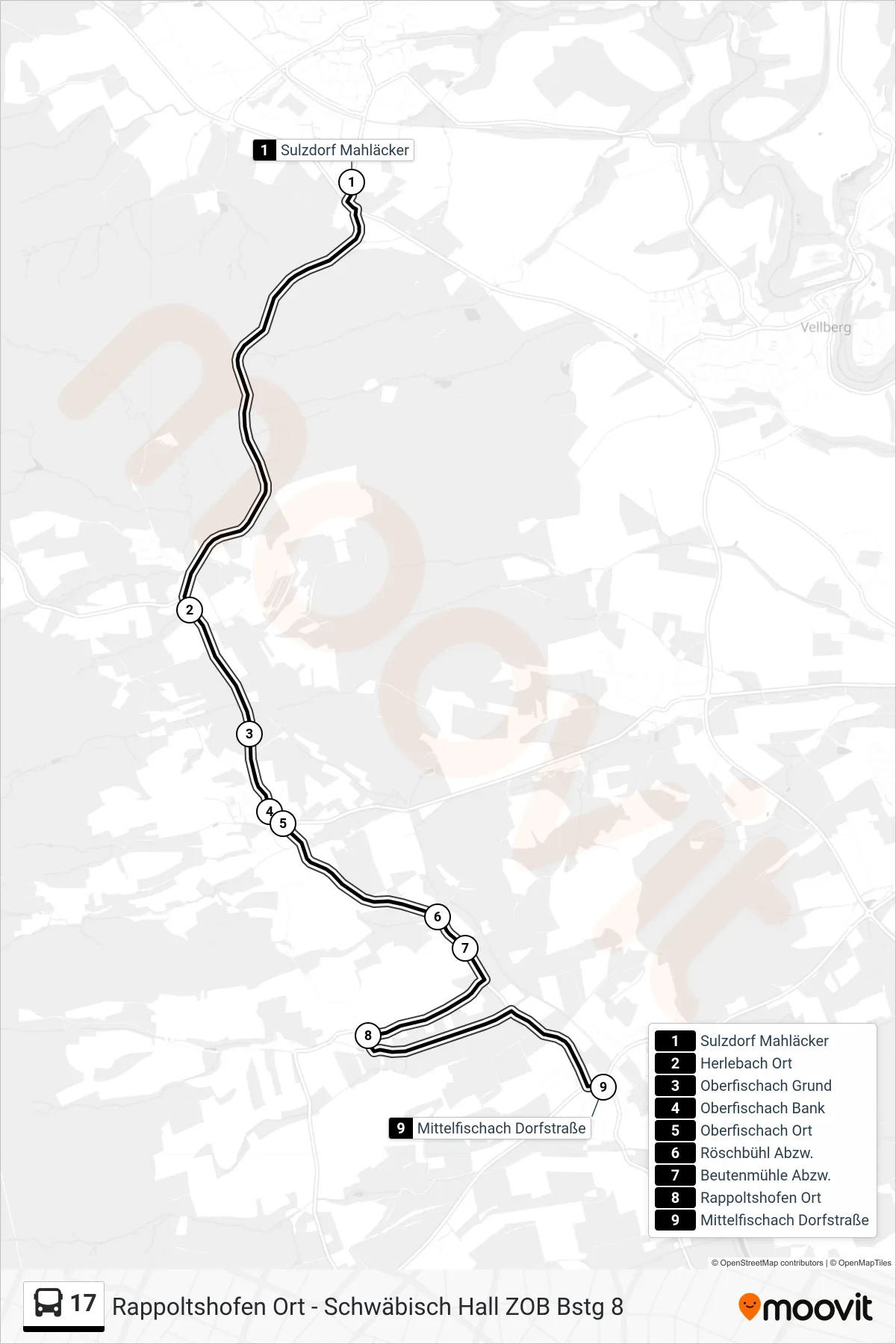 17 bus Line (Mittelfischach Dorfstraße) route and stops on a map